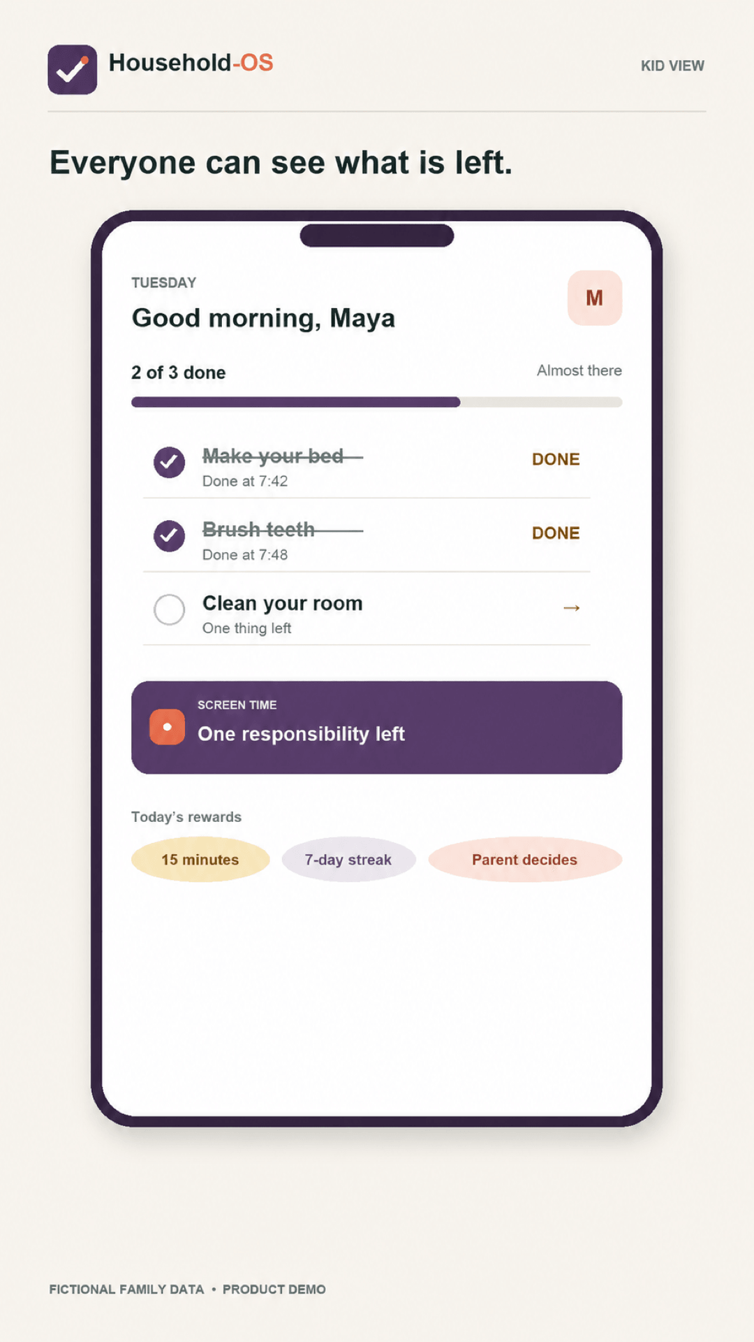 Child view showing two of three morning chores complete