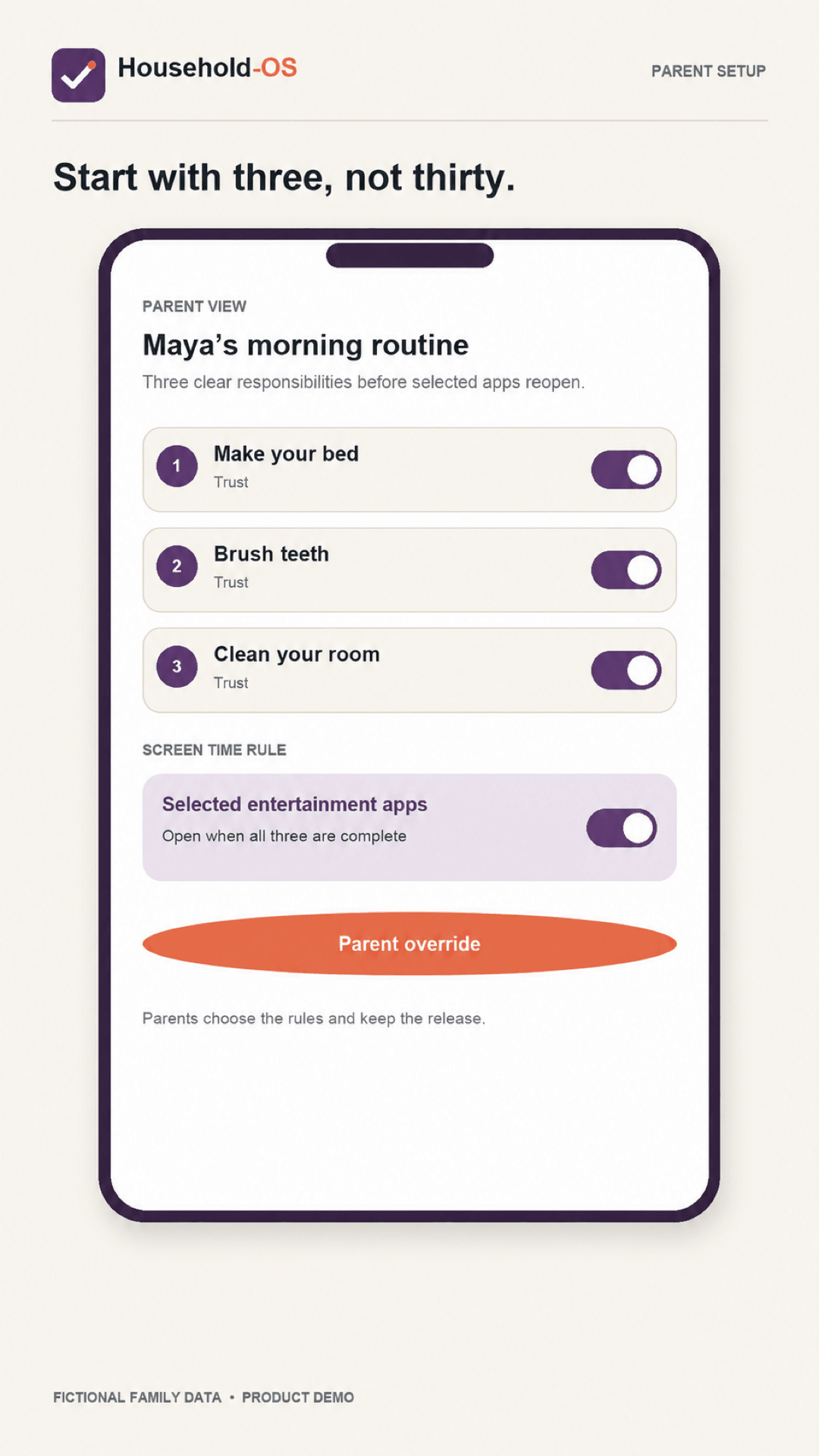 Parent setup showing three morning chores and a screen-time rule